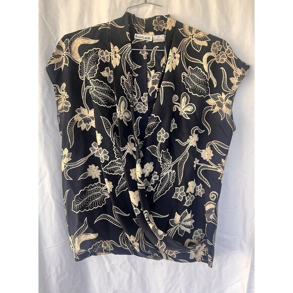 VTG Anne Klein II 100% Silk Blouse Gold Floral Wrap Top Black Career Office Luxe - Picture 1 of 5